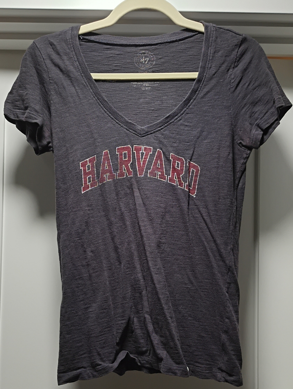47 Brand Women's Gray V-Neck Harvard Tee with Red Print